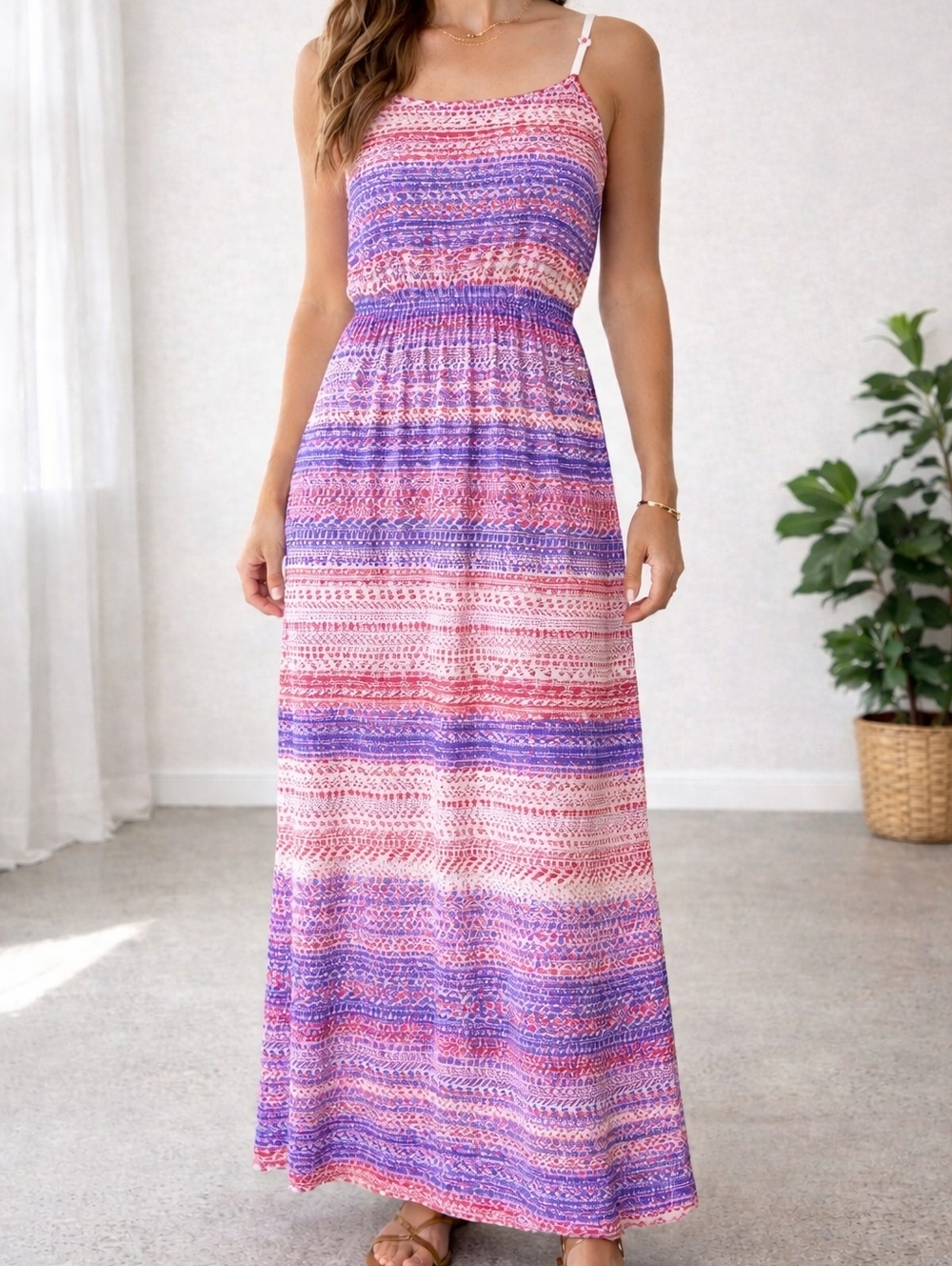 GAP Boho Maxi Dress NWT XL Tall Red Blue White Smocked Adjustable Cotton Modal